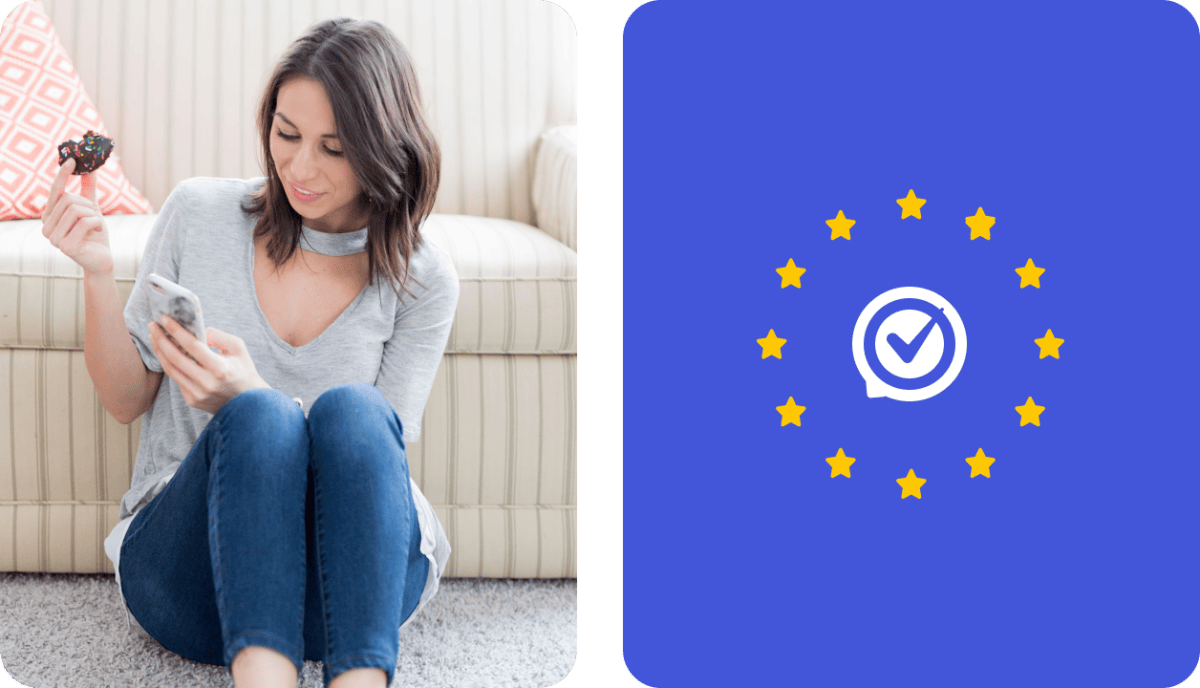 Photo of customer checking the mobile phone next to the Valued Shops logo and EU stars