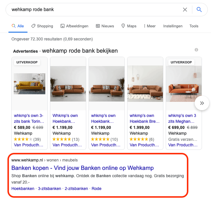 Google Seller Rating niet zichtbaar voor zoekterm "wehkamp rode bank"