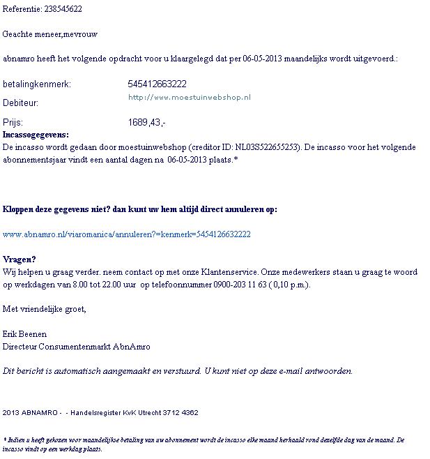 Het phishing bericht dat klanten van Moestuinwebshop.nl ontvingen
