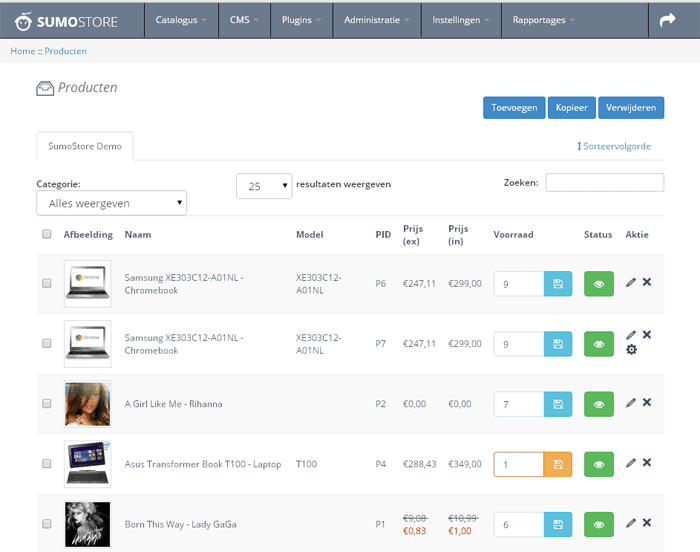 SumoStore kent een uitgebreid producten beheer