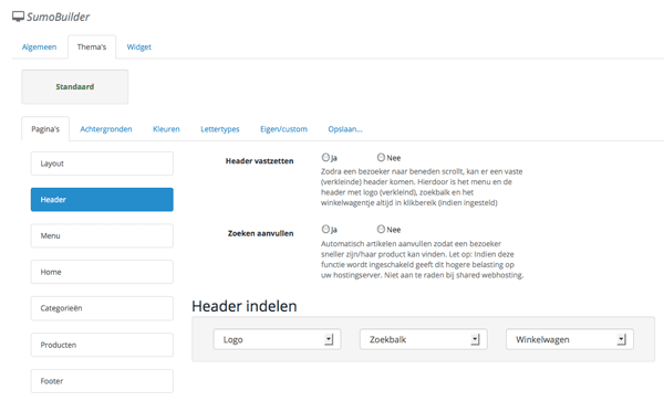 De themabuilder van SumoStore zoals deze momenteel in ontwikkeling is