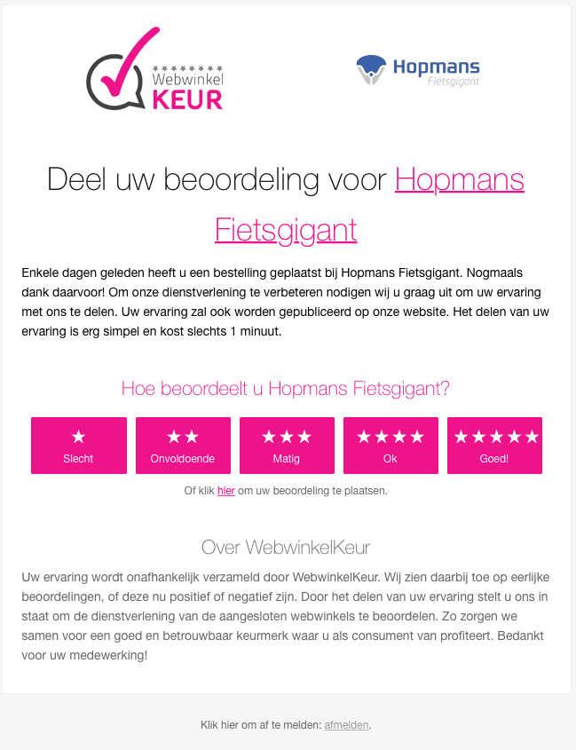 Uitnodigingsemail met beoordeling in de e-mail