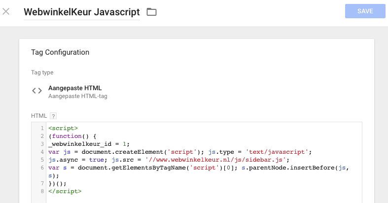 De Javascript code ingesteld via GTM