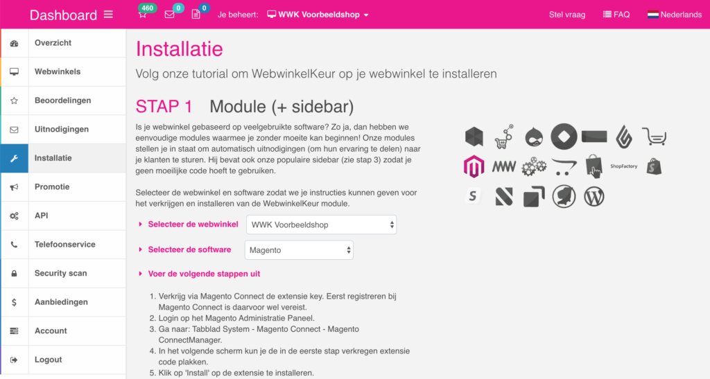 Screenshot dashboard webwinkelkeur modules
