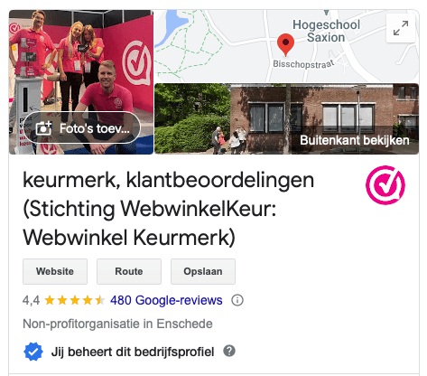Screenshot van Google bedrijfsprofiel van WebwinkelKeur