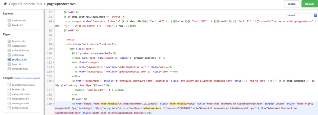 HTML code van keurmerkicoon geplaatst via de Lightspeed thema editor