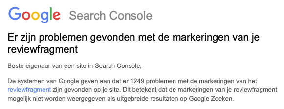 Een e-mail van Google Search Console over problemen met reviewfragement