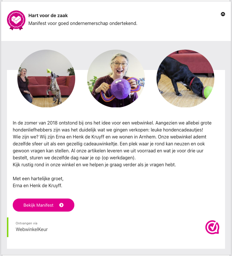 Voorbeeld van de nieuwe ondernemersbadge voor Hondencadeautjes.nl